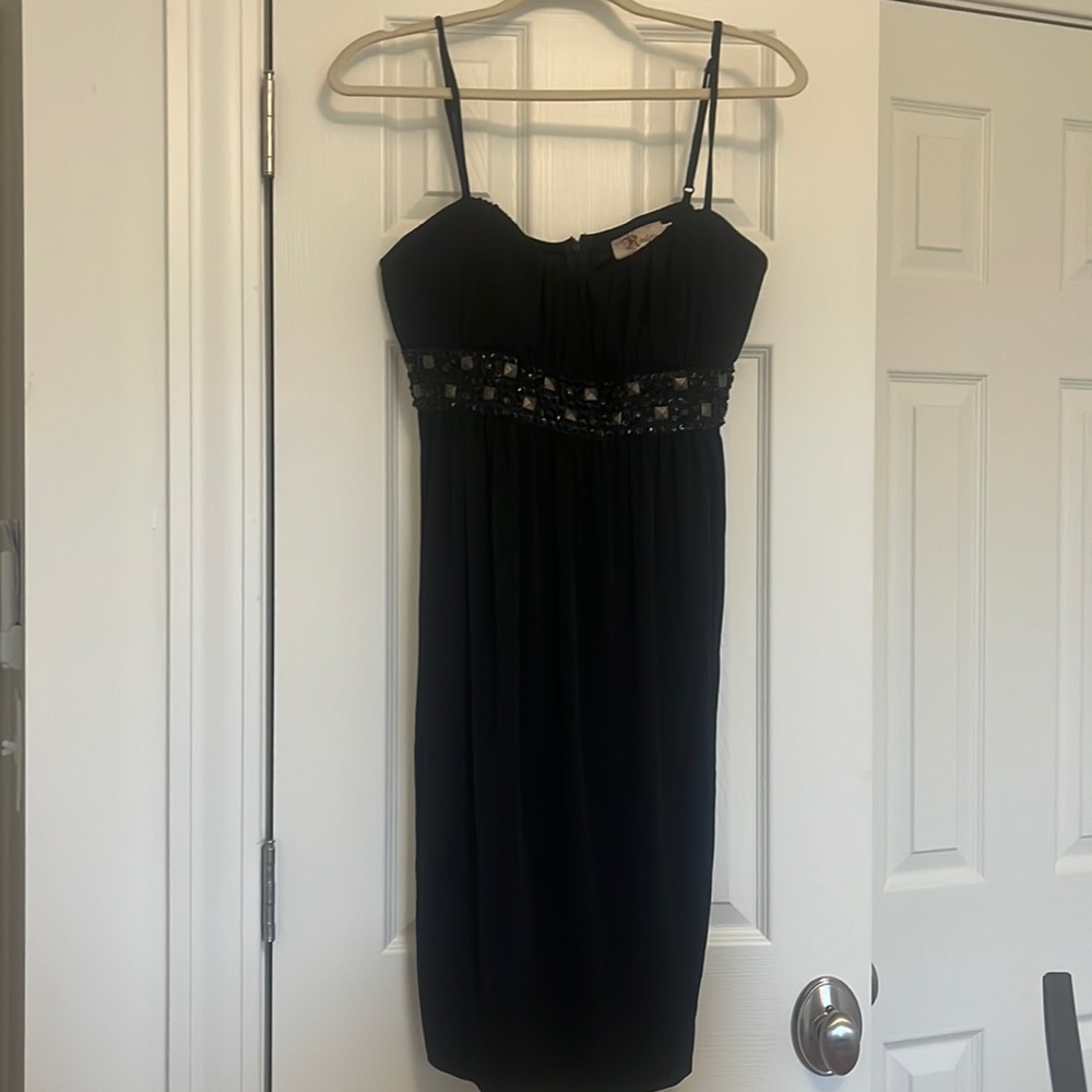 Black spaghetti strap mini dress with studs/beading